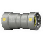 Viega MegaPressG 1/2" press coupling in zinc-nickel coated carbon steel with yellow indicator marks on sides.