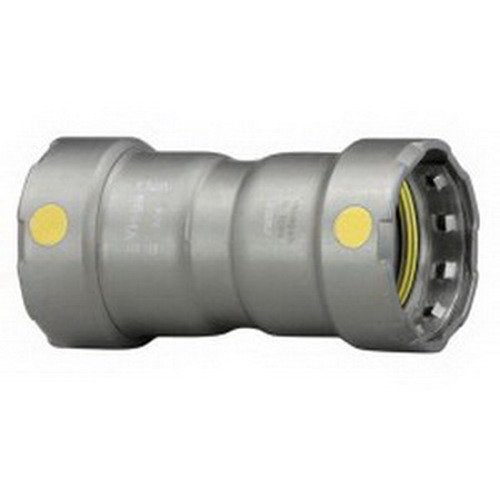 Viega MegaPressG 1/2" press coupling in zinc-nickel coated carbon steel with yellow indicator marks on sides.