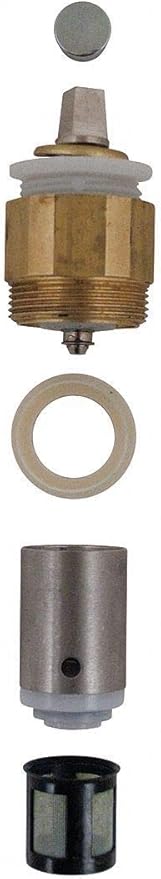 Brass and metal faucet actuator assembly components including cap, valve body, ring, cylinder, and filter screen.