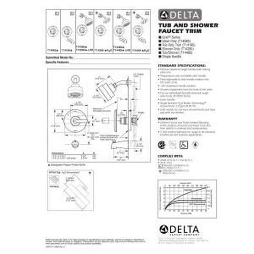 Delta RP48590SS stainless steel shower head with three spray settings and installation diagram.