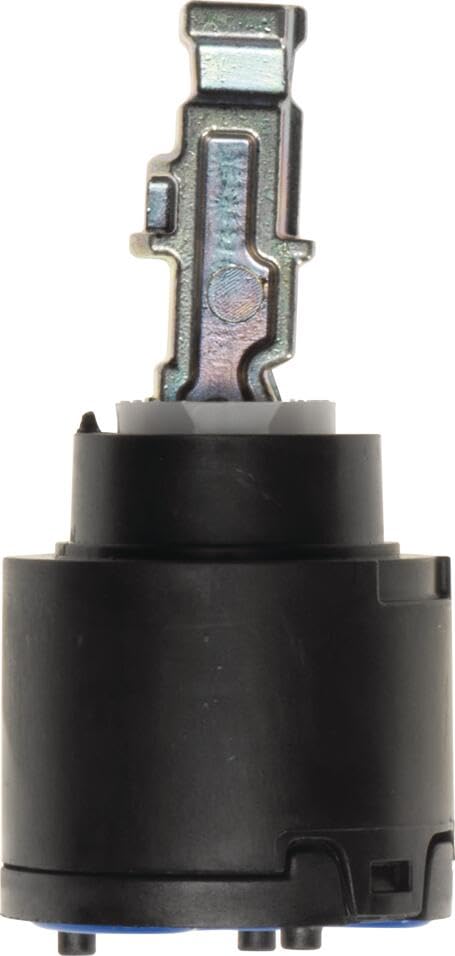 Metal valve stem with black cylindrical cartridge housing and mounting pins.
