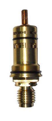 Brass thermostatic cartridge with brown stem, threaded base, and adjustment rings for 3/4" valve assembly.