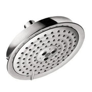 Polished nickel round shower head with multiple spray jets and mounting bracket.
