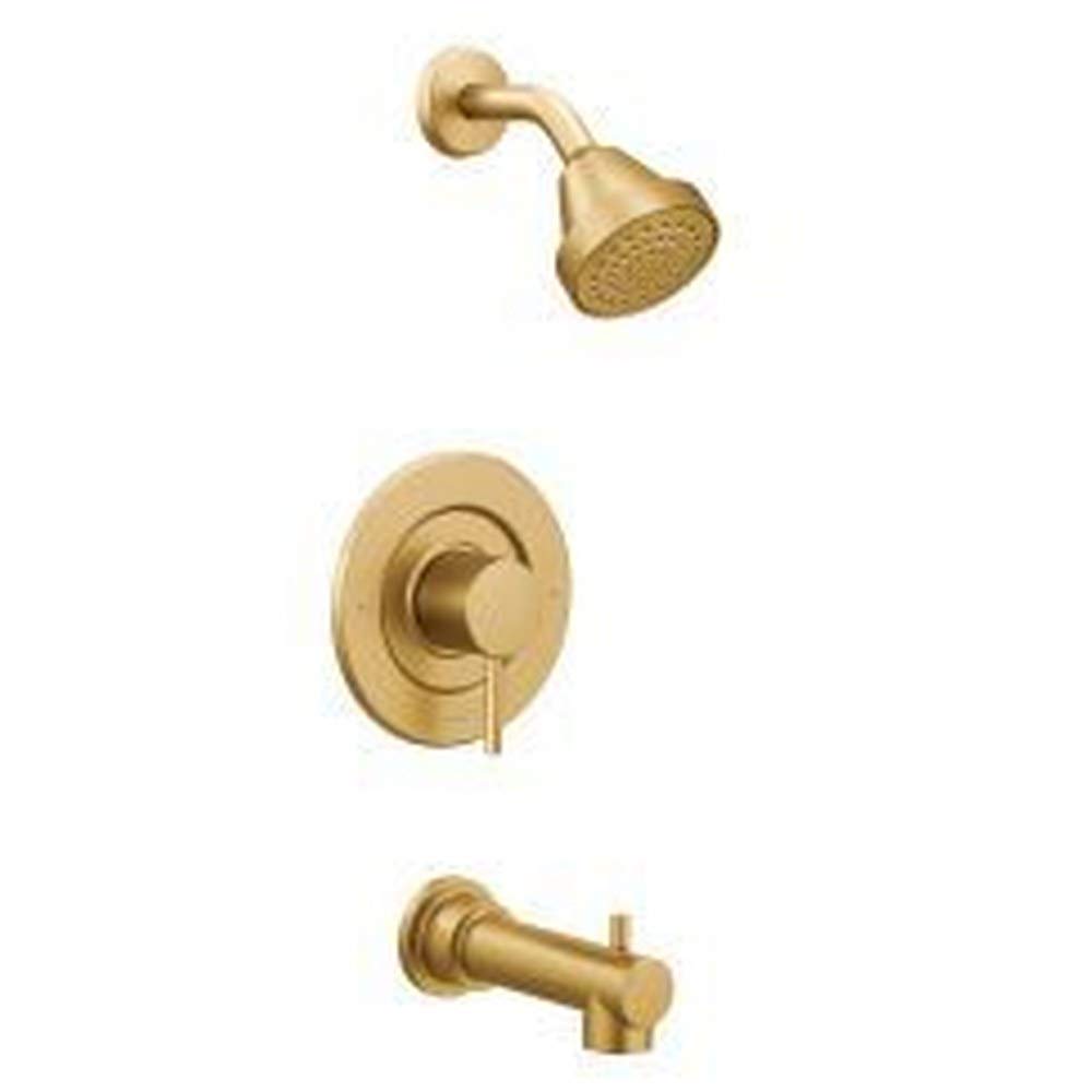 Brushed gold tub and shower trim kit with round showerhead, lever handle valve, and tub spout.