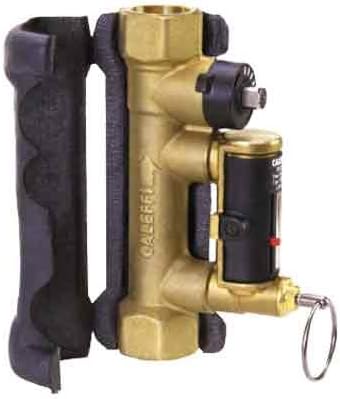 Brass balancing valve with black insulation jacket, adjustment knob, and flow meter gauge on side.