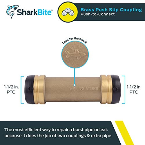 Brass slip coupling fitting with 1-1/2 in. push-to-connect ports and black grip rings on each end.