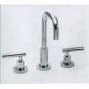 Polished nickel deck mount Roman tub filler with tall curved spout, lever handles, and detachable handshower.