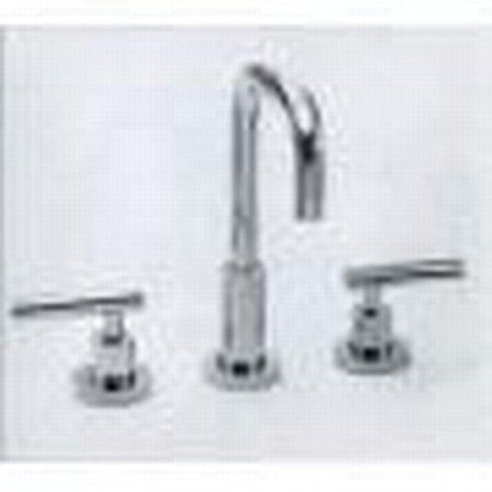Polished nickel deck mount Roman tub filler with tall curved spout, lever handles, and detachable handshower.