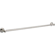 Stainless steel grab bar with circular wall-mounted flanges at each end.