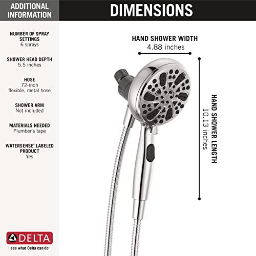 Chrome hand shower with 6 spray settings, 4.88 inches wide, 8.13 inches long, featuring magnetic dock attachment.