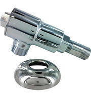 Chrome water supply valve with angled connector and threaded inlet, shown with separate chrome escutcheon collar.