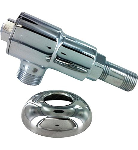 Chrome water supply valve with angled connector and threaded inlet, shown with separate chrome escutcheon collar.