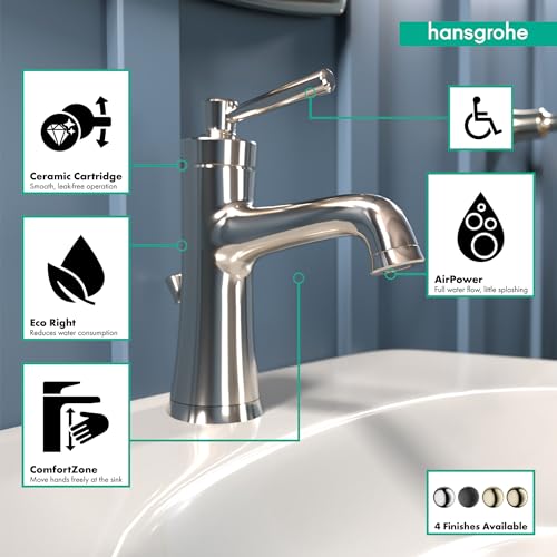 Polished nickel single-hole bathroom faucet with curved spout and pop-up drain on white sink.