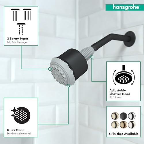 Matte black showerhead with curved arm, featuring three spray patterns and adjustable head with 26-degree swivel.