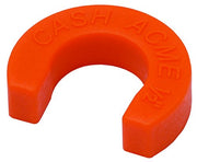 Orange plastic disconnect clip with curved U-shape design and embossed text on surface.