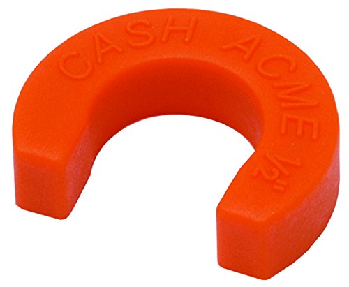 Orange plastic disconnect clip with curved U-shape design and embossed text on surface.