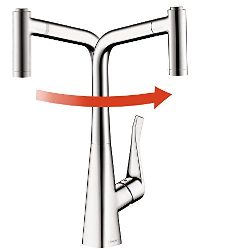 Hansgrohe Metris high-arc prep kitchen faucet with dual handles in steel finish and pull-down spray head.