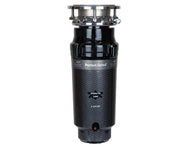 Black cylindrical garbage disposer with stainless steel mounting flange and rubber isolation ring at top.