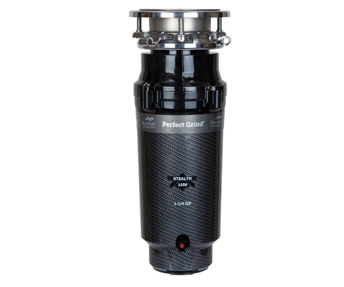 Black cylindrical garbage disposer with stainless steel mounting flange and rubber isolation ring at top.
