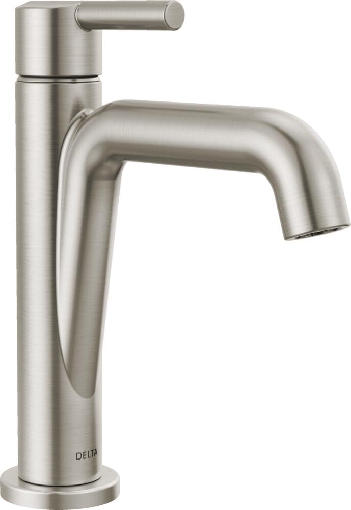 Stainless steel single handle bathroom faucet with curved spout and cylindrical lever handle.