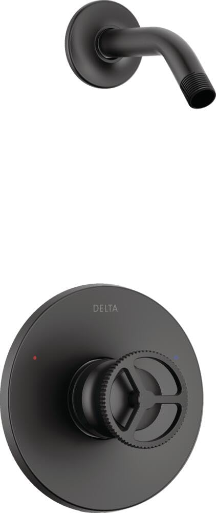 Black Delta Trinsic shower trim with curved arm and round wall plate with single-handle control valve.