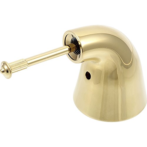 Polished brass metal lever handle kit for tub and shower with cylindrical knurled grip and rounded escutcheon plate.