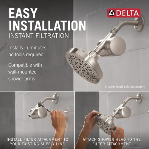 Stainless steel Delta shower filter attachment with spherical filter cartridge and wall-mounted arm connection.