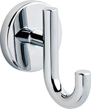 Chrome robe hook with curved hook design mounted on round escutcheon plate.