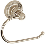 Polished nickel toilet paper holder with curved arm and decorative circular wall mount.