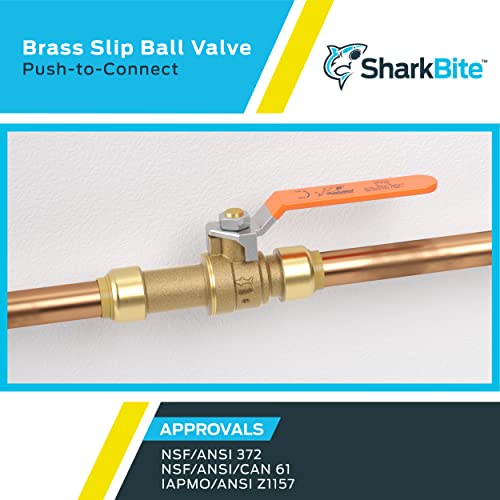 Brass slip ball valve with orange handle connected to copper tubing, push-to-connect fittings on both sides.
