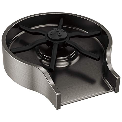 Brushed metal and black plastic glass rinser with four-pronged spinner head and curved basin.