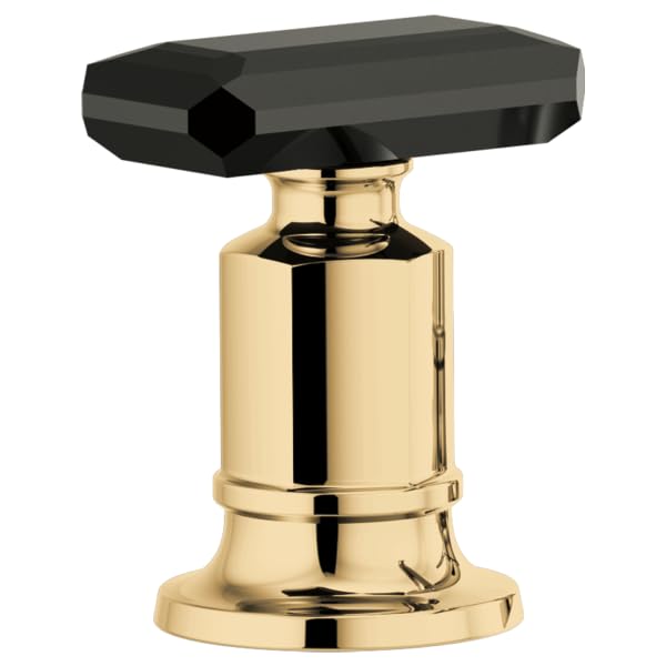 Black crystal knob handle mounted on polished brass cylindrical base for roman tub faucet installation.