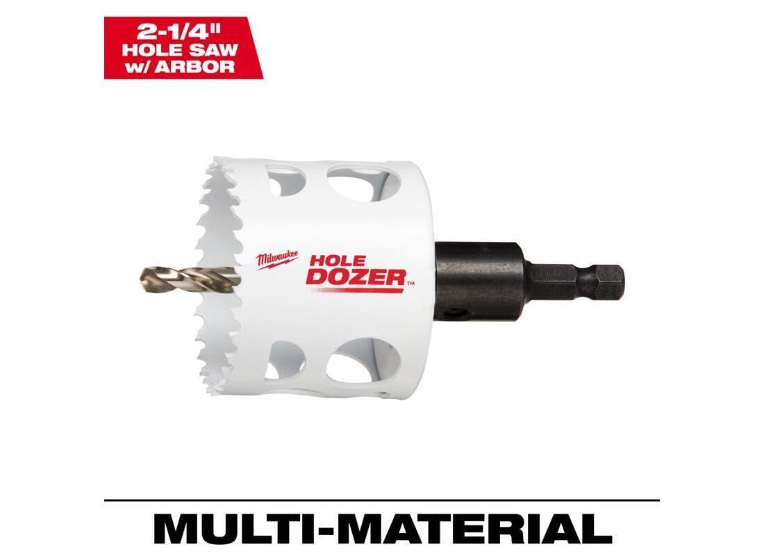 Milwaukee 2-1/4" HOLE DOZER bi-metal hole saw with white cylindrical body, serrated cutting edge, and black arbor shaft.