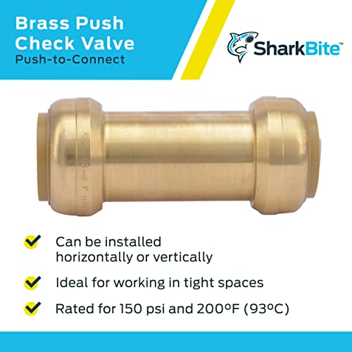 Brass push-to-connect inline check valve with connector ends on both sides.