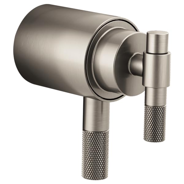 Brushed nickel thermostatic valve trim with cylindrical body and two textured T-lever handles.
