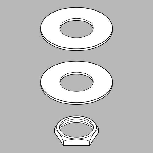 Two metal washers and one hexagonal nut with center holes, arranged vertically.