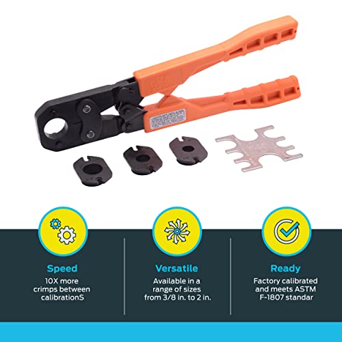 Orange and black PEX crimp tool with interchangeable heads and metal crimp rings included.