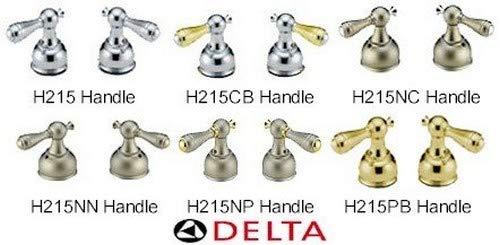 Six Delta H215 metal lever handles in chrome, polished brass, and brushed finishes with round bases.