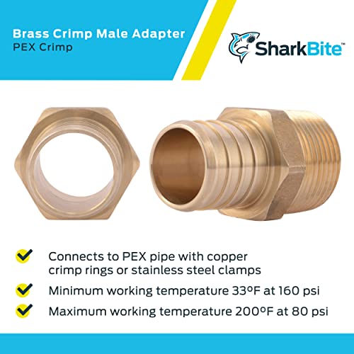 Brass crimp male connector with hexagonal nut and threaded end for PEX pipe connection.
