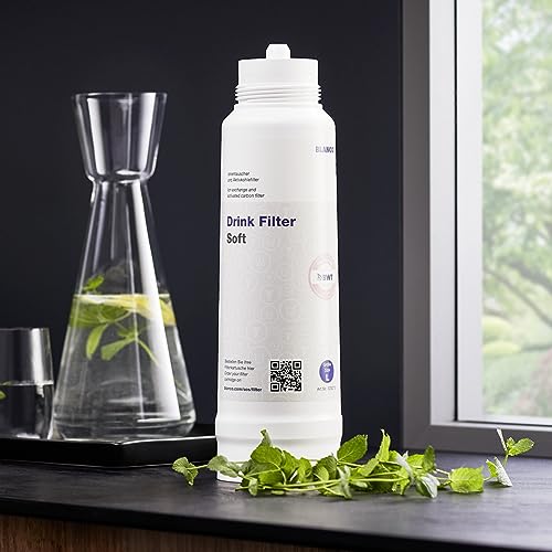 White cylindrical Blanco Drink Filter Soft replacement cartridge displayed next to a glass water pitcher.