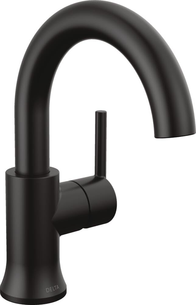 Black single-handle bathroom faucet with high-arc spout and cylindrical handle on round base.