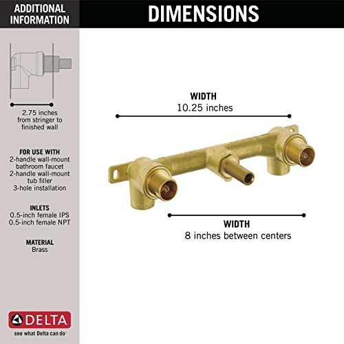 Brass two-handle wall-mount faucet rough-in body with 10.25-inch width and 8-inch center spacing.
