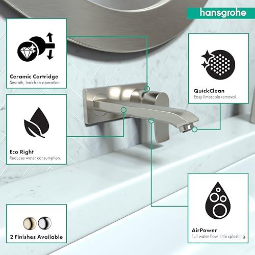 Brushed nickel wall-mounted single-handle bathroom faucet with curved spout and ceramic cartridge technology.