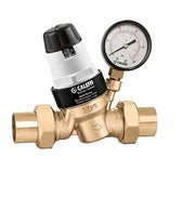 Brass pressure relief valve with adjustable black knob and attached pressure gauge with dial indicator.
