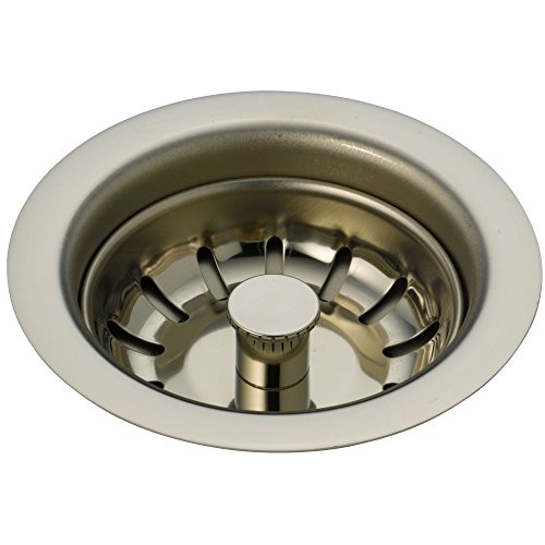 Brushed nickel sink flange and strainer with perforated basket and center post assembly.