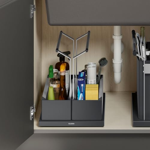 Black double storage caddy with divider holding cleaning bottles, brushes, and household items under sink.