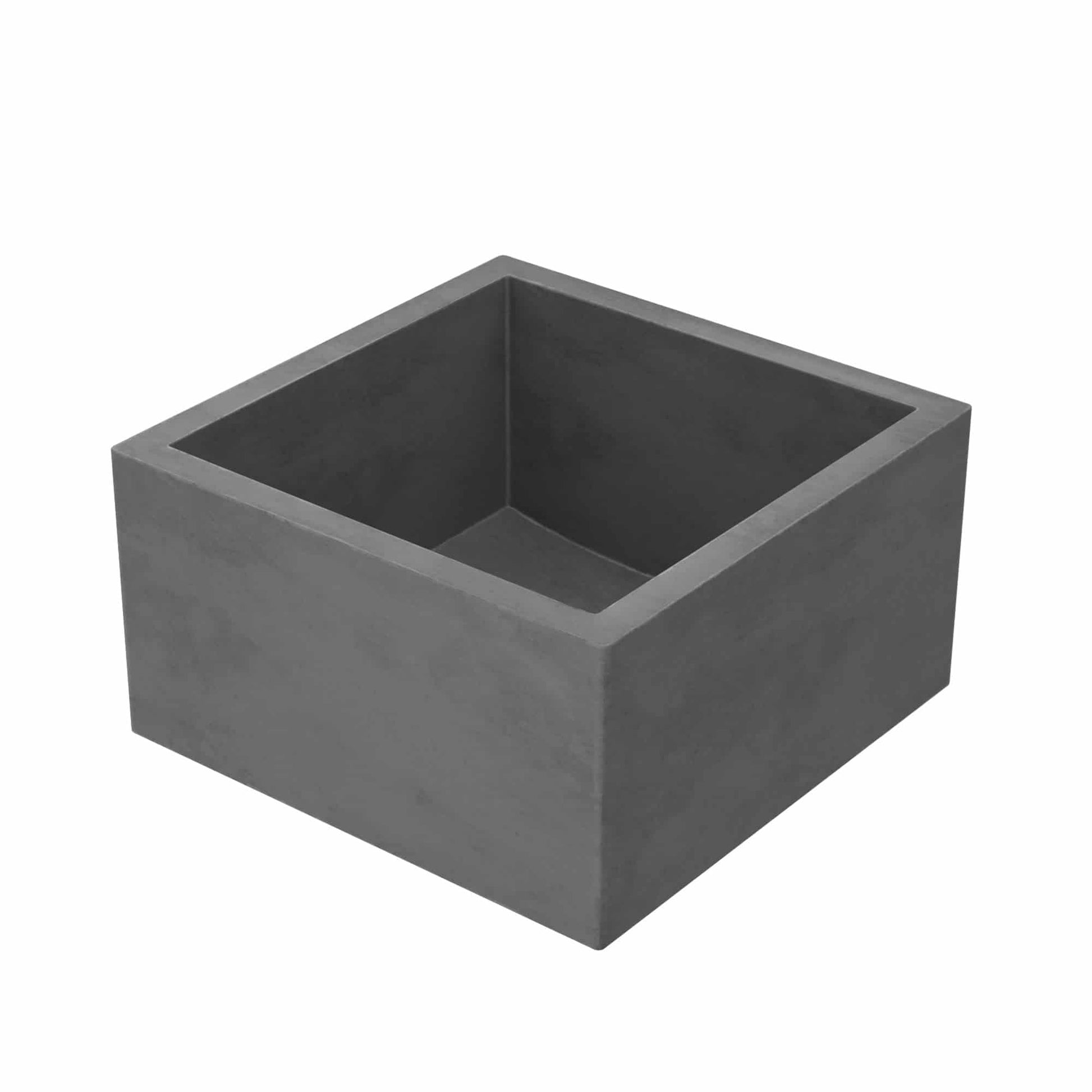 Gray concrete bar sink with square basin and flat rim, shown from angled perspective.