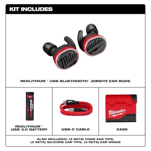 Black and red Milwaukee REDLITHIUM Bluetooth ear buds with charging case, USB-C cable, and battery included.