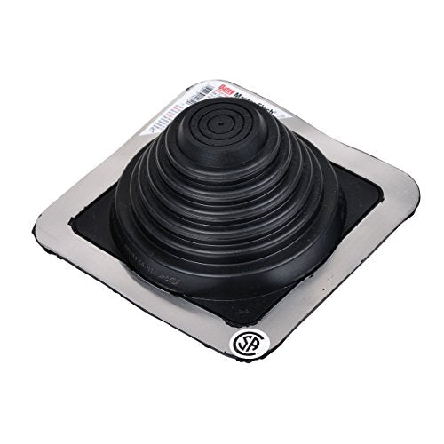 Black rubber roof flashing with conical boot and square metal base, angled view.