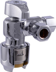 Chrome dual stop angle valve with push-to-connect ports and lever handle on white background.